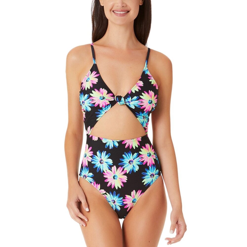 California Waves Size XS Gerber Daisy Knotted Cutout 1-Piece Swimsuit Black NWT‎